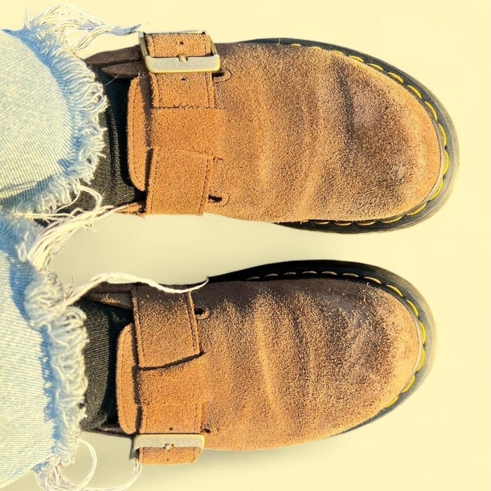 Dr. Martens Brown Suede Clog Mules with Yellow Stitching